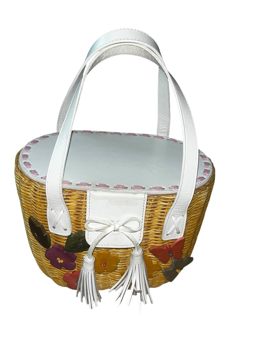 Adorable wicker basket purse wood flowers butterflies white pink